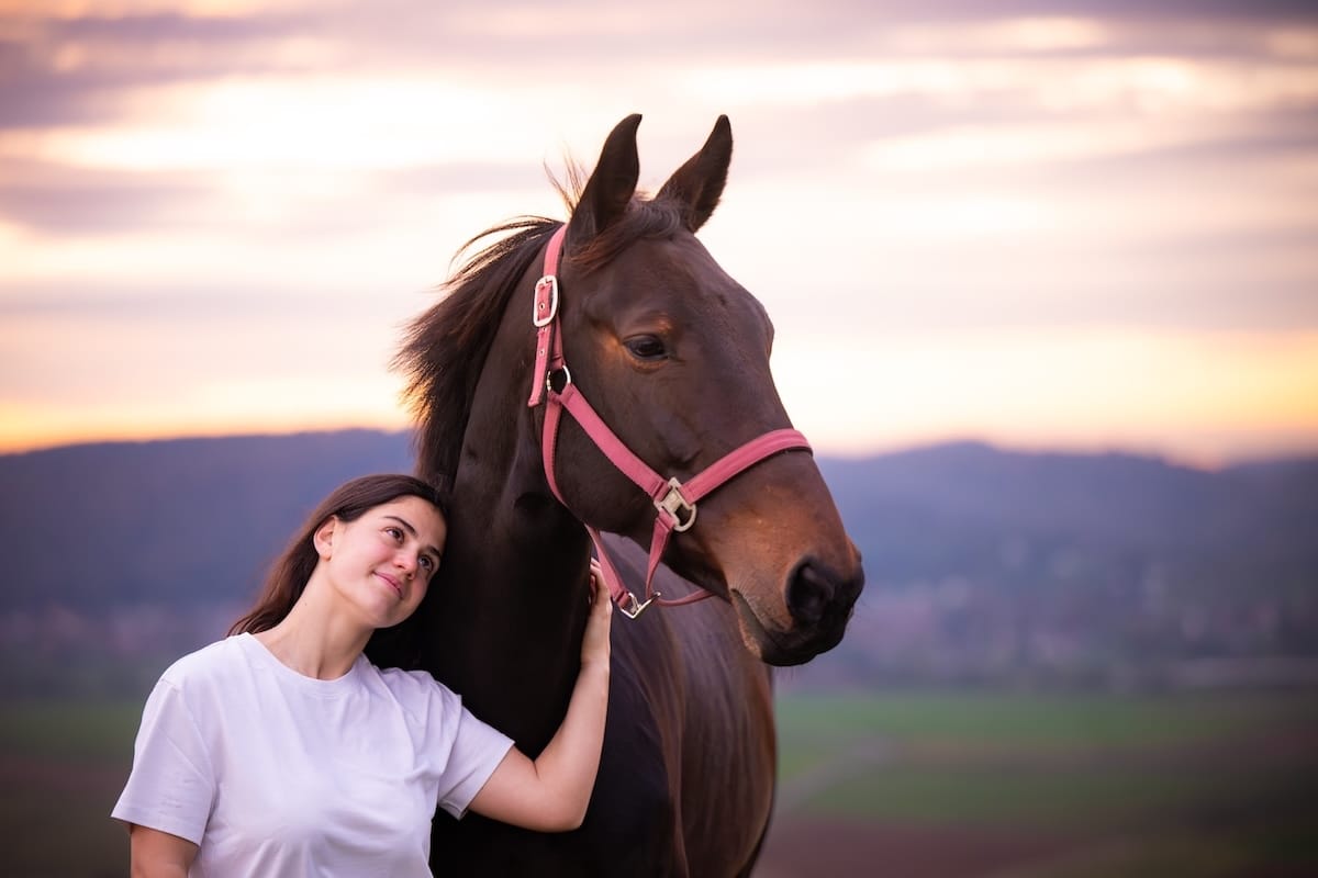 Jeune femme donnant un câlin avec beaucoup de douceur à un cheval
