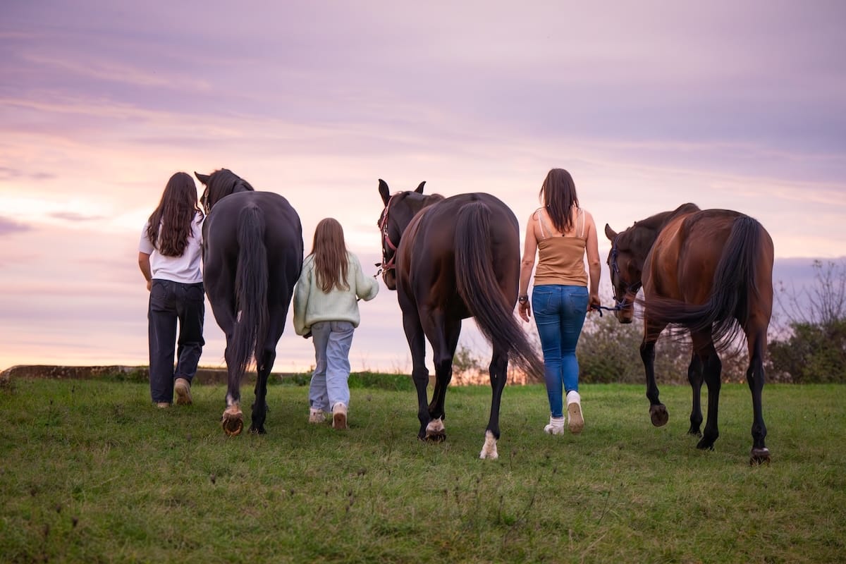 Famille marchant avec trois chevaux dans la nature